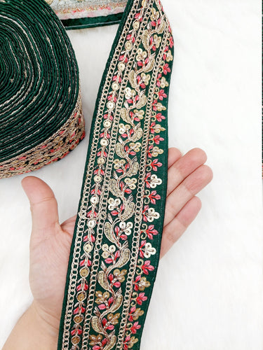 Art Silk Fabric Sari Border Trim with Floral Embroidery and Gold Sequins, Decorative Trim, Indian Sari Border